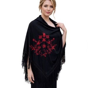 Embroidered Fringe triangle Wrap Scarf Pareo Black with Red